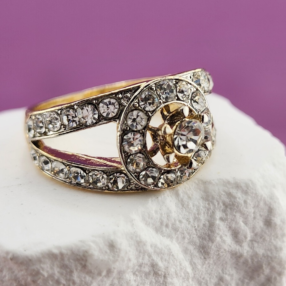 Gold Tone Clear Rhinestone Halo Split Shank Cocktail Statement Ring Bridal Glam
